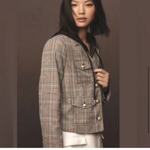 Anthropologie Hooded Removable Dickie Tweed Jacket Black Motif Size Small